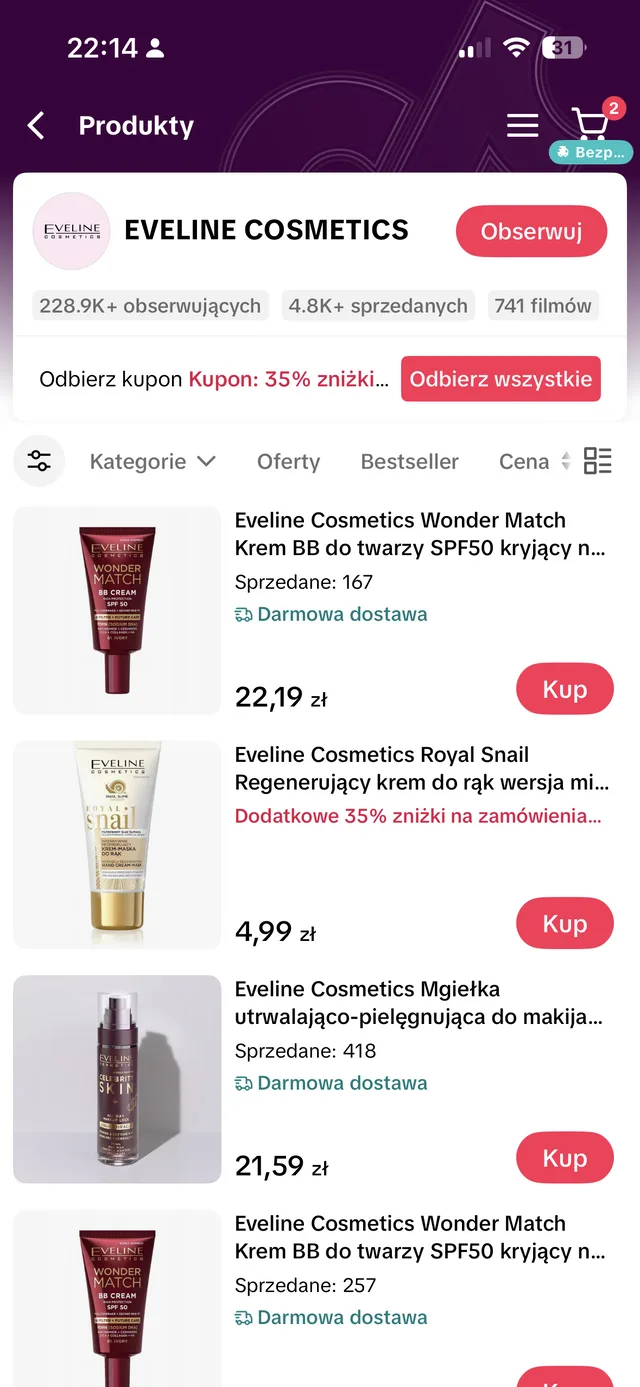 Eveline Cosmetics — sklep na TikTok Shop w Polsce